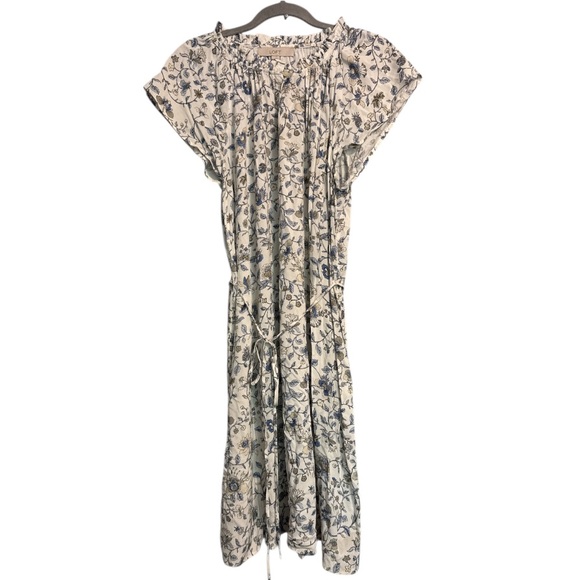 Loft White Ruffle Cap Sleeve Floral Dress Tie Waist Size Large - Picture 1 of 5